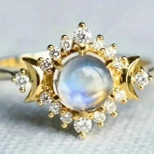 Triple Moon Goddess Ring w/ Synthetic Moonstone & Rhinestone Accents, size 9